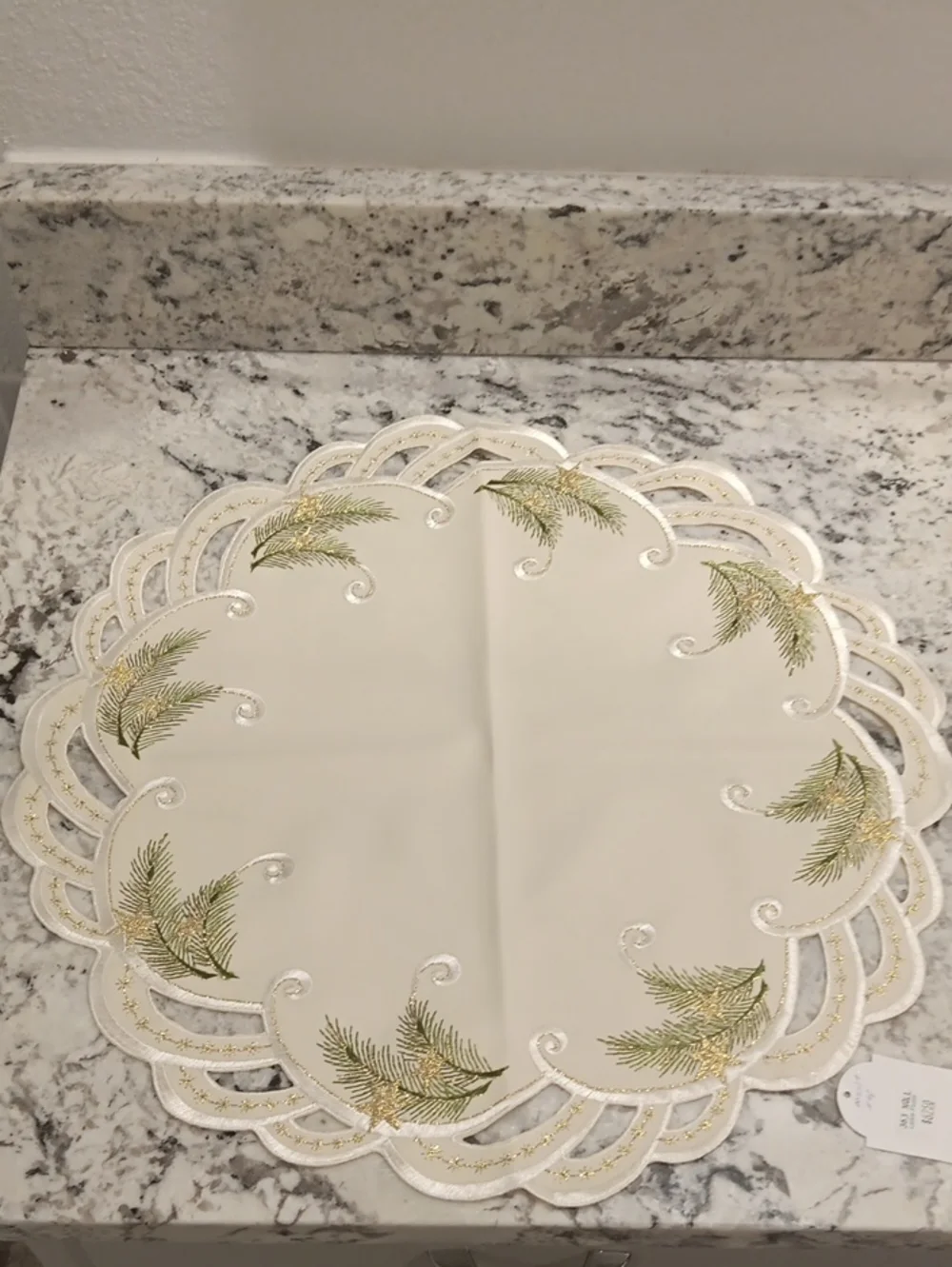 Cream Pine Branch Embroidered Round Table Accent